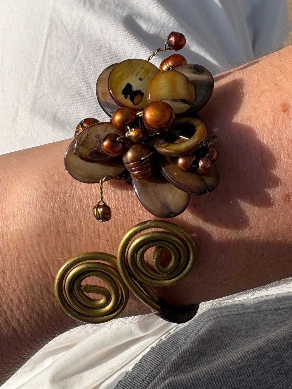 Boho Cuff Bracelet - Mother of Pearl Flower Cluster Brass Wire Wrapped